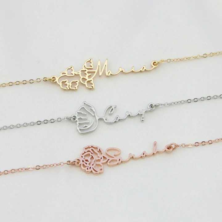 Birth Flower Signature Name Bracelet